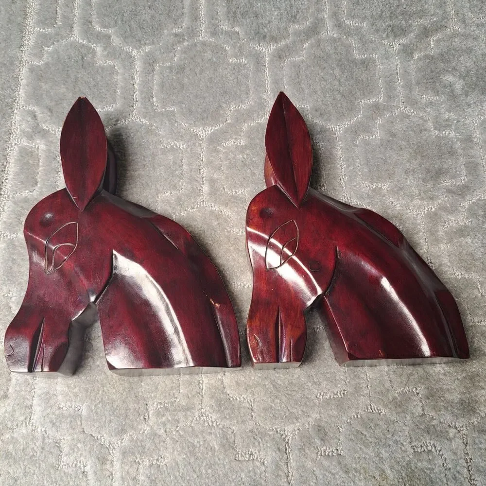 VINTAGE Hand Carved PRIMITIVE Wood Horse Head Book Ends MCM Equestrian Decor